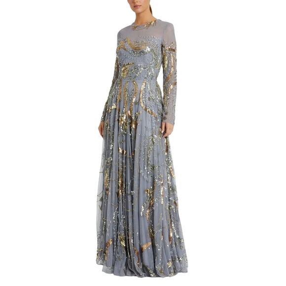 Mac Duggal Dresses & Skirts - Mac Duggal 5217 Silver/Gold Evening Gown Sequin Long Sleeve A-Line Dress Size 6